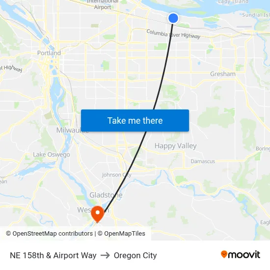 NE 158th & Airport Way to Oregon City map