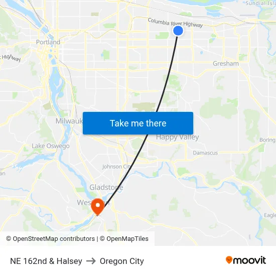 NE 162nd & Halsey to Oregon City map