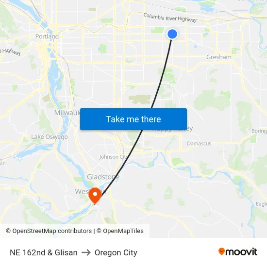 NE 162nd & Glisan to Oregon City map