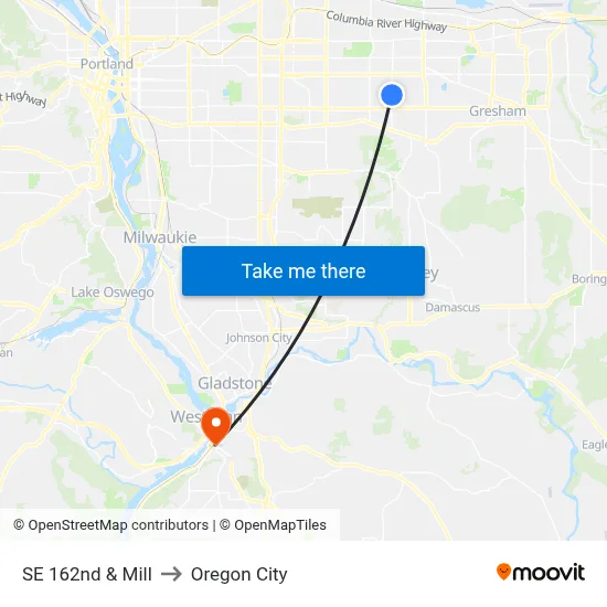 SE 162nd & Mill to Oregon City map