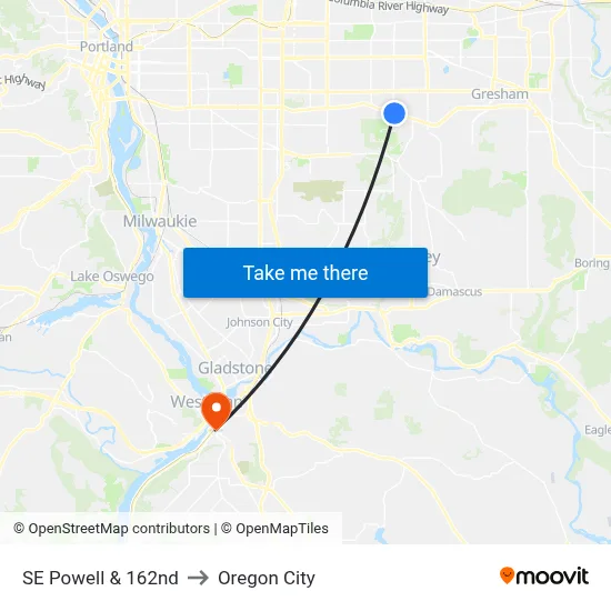 SE Powell & 162nd to Oregon City map