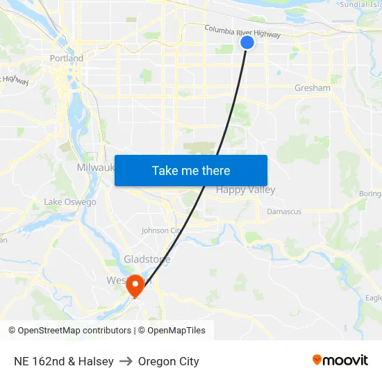 NE 162nd & Halsey to Oregon City map
