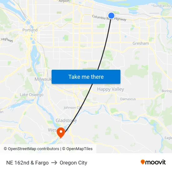 NE 162nd & Fargo to Oregon City map