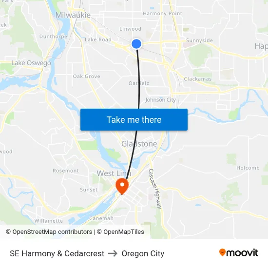 SE Harmony & Cedarcrest to Oregon City map