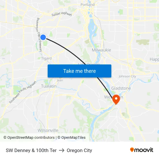 SW Denney & 100th Ter to Oregon City map