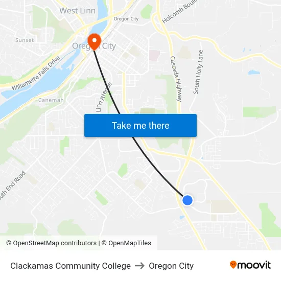 Clackamas Community College to Oregon City map