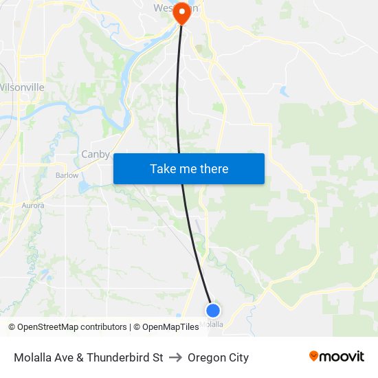 Molalla Ave & Thunderbird St to Oregon City map