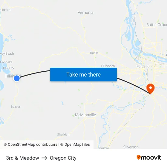 3rd & Meadow to Oregon City map