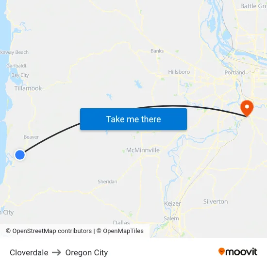Cloverdale to Oregon City map