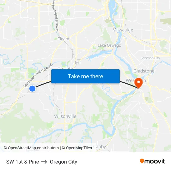 SW 1st & Pine to Oregon City map