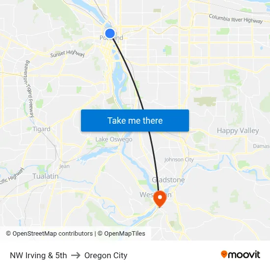 NW Irving & 5th to Oregon City map