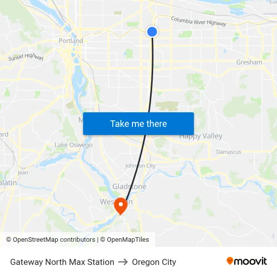 Gateway North Max Station to Oregon City map