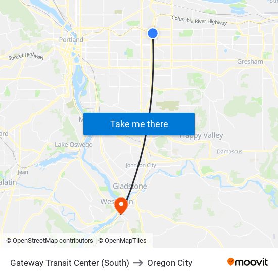 Gateway Transit Center (South) to Oregon City map