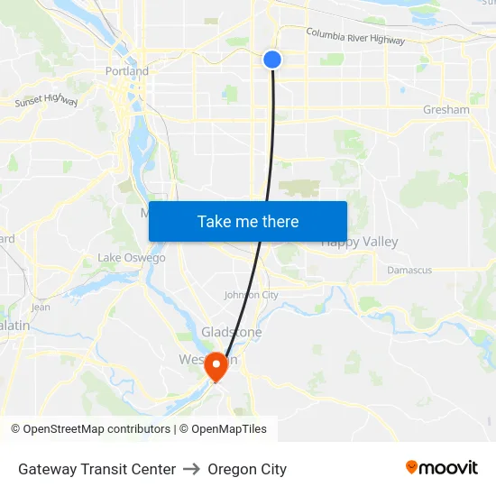 Gateway Transit Center to Oregon City map
