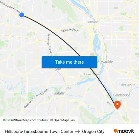 Hillsboro-Tanasbourne Town Center to Oregon City map
