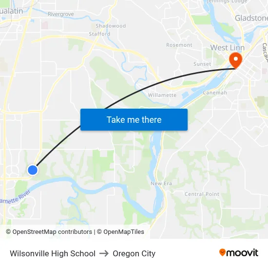 Wilsonville High School to Oregon City map