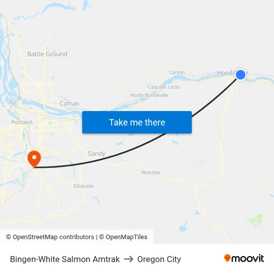 Bingen-White Salmon Amtrak to Oregon City map