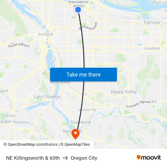 NE Killingsworth & 60th to Oregon City map