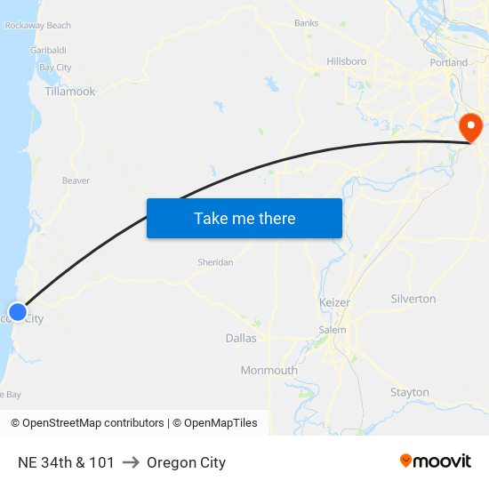 NE 34th & 101 to Oregon City map