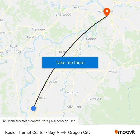 Keizer Transit Center - Bay A to Oregon City map