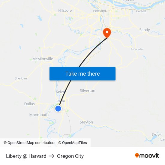 Liberty @ Harvard to Oregon City map
