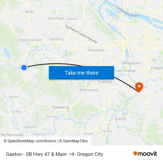 Gaston - SB Hwy 47 & Main to Oregon City map