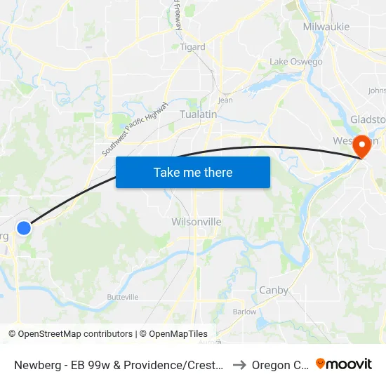 Newberg - EB 99w & Providence/Crestview to Oregon City map