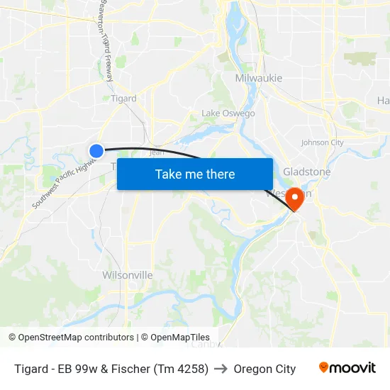 Tigard - EB 99w & Fischer (Tm  4258) to Oregon City map