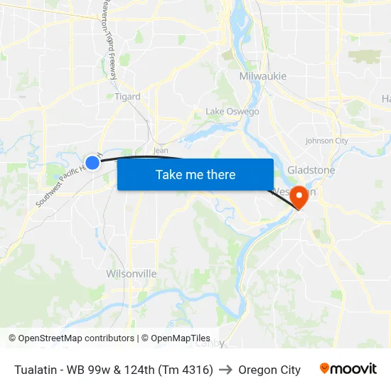 Tualatin - WB 99w & 124th (Tm 4316) to Oregon City map