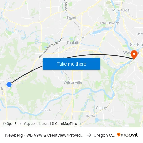 Newberg - WB 99w & Crestview/Providence to Oregon City map