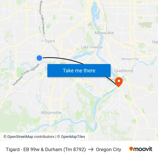 Tigard - EB 99w & Durham (Tm 8792) to Oregon City map