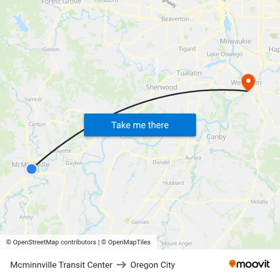 Mcminnville Transit Center to Oregon City map