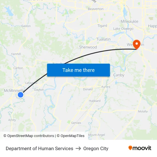 Department of Human Services to Oregon City map