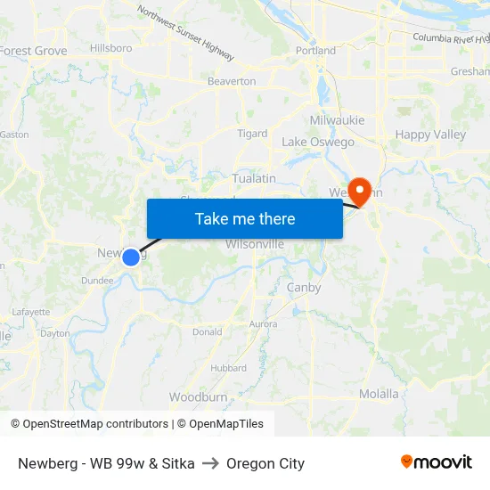 Newberg - WB 99w & Sitka to Oregon City map
