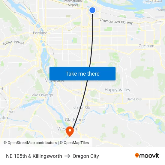 NE 105th & Killingsworth to Oregon City map