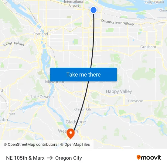 NE 105th & Marx to Oregon City map