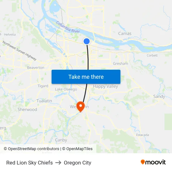 Red Lion Sky Chiefs to Oregon City map