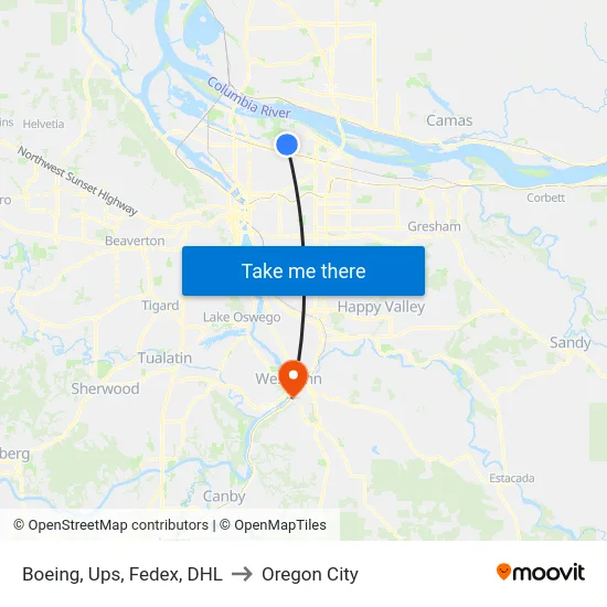 Boeing, Ups, Fedex, DHL to Oregon City map