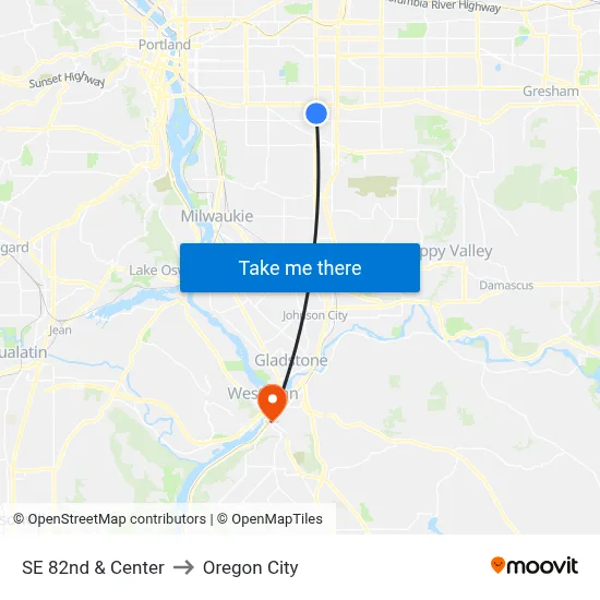 SE 82nd & Center to Oregon City map