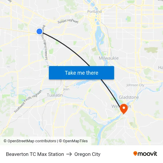 Beaverton TC Max Station to Oregon City map