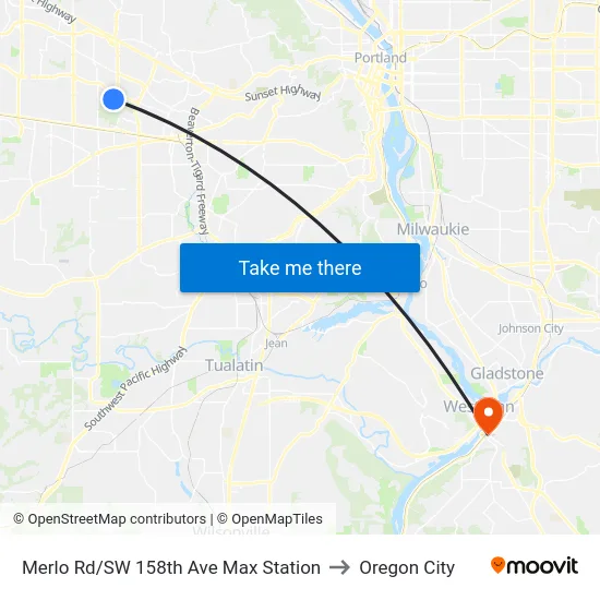 Merlo Rd/SW 158th Ave Max Station to Oregon City map