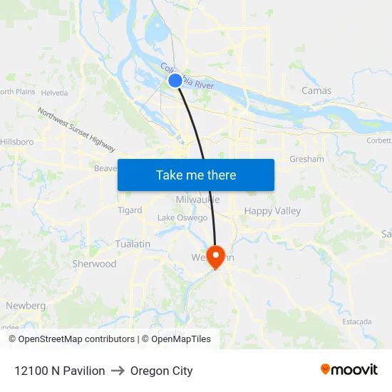 12100 N Pavilion to Oregon City map