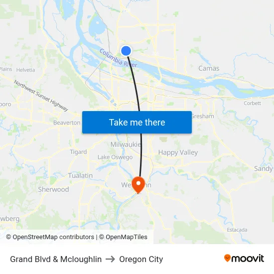 Grand Blvd & Mcloughlin to Oregon City map