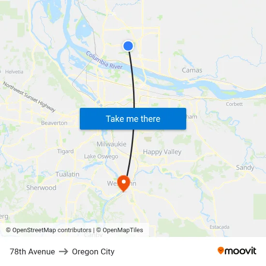 78th Avenue to Oregon City map