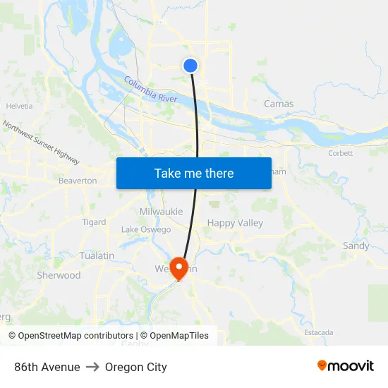 86th Avenue to Oregon City map