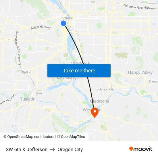 SW 6th & Jefferson to Oregon City map