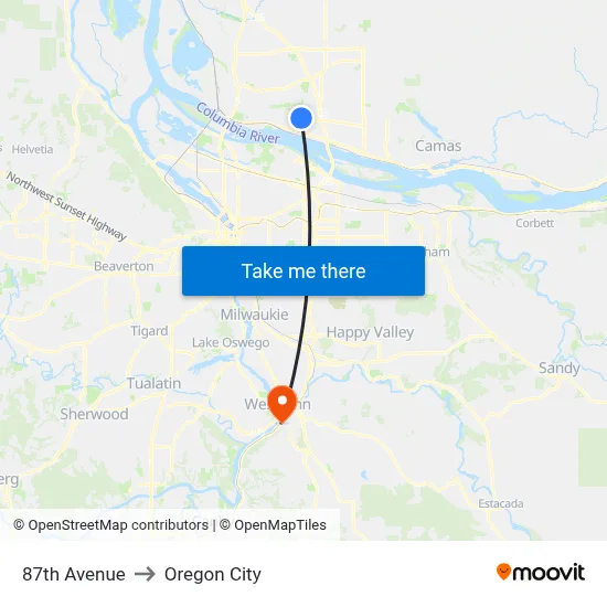 87th Avenue to Oregon City map