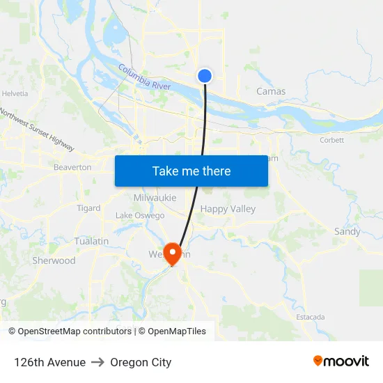 126th Avenue to Oregon City map