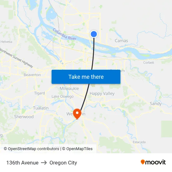 136th Avenue to Oregon City map