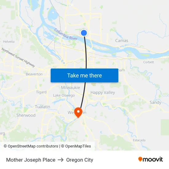 Mother Joseph Place to Oregon City map